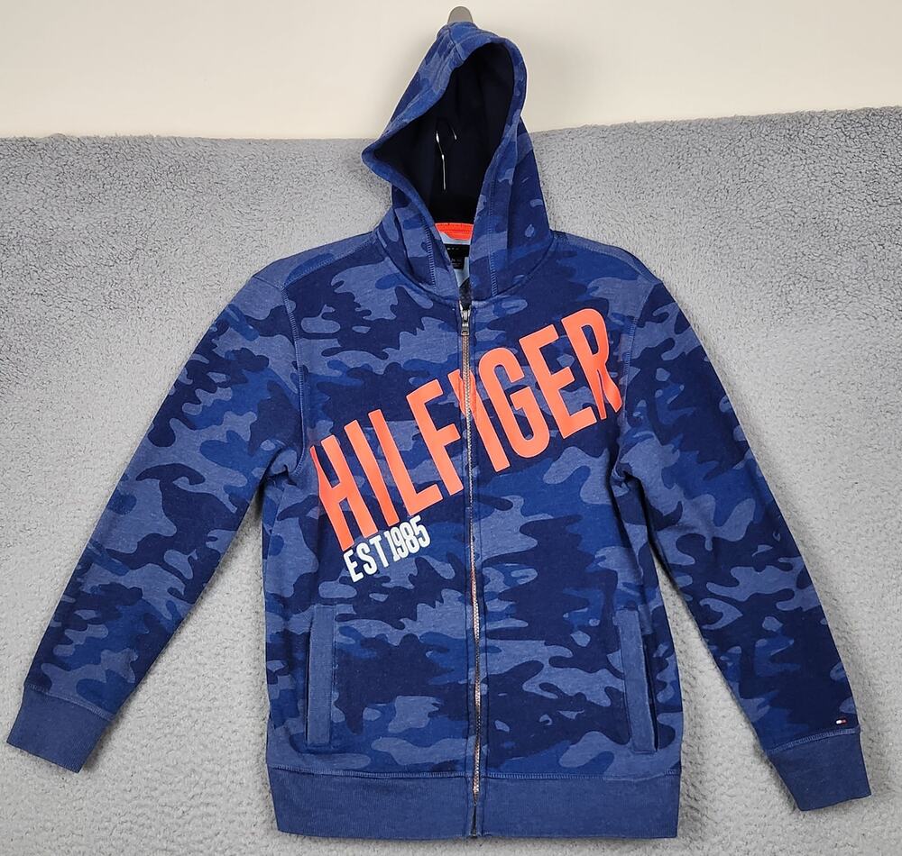 TOMMY HILFIGER Hoodie Youth Large 16-18 Blue Camouflage Full Zip Spellout Fleece